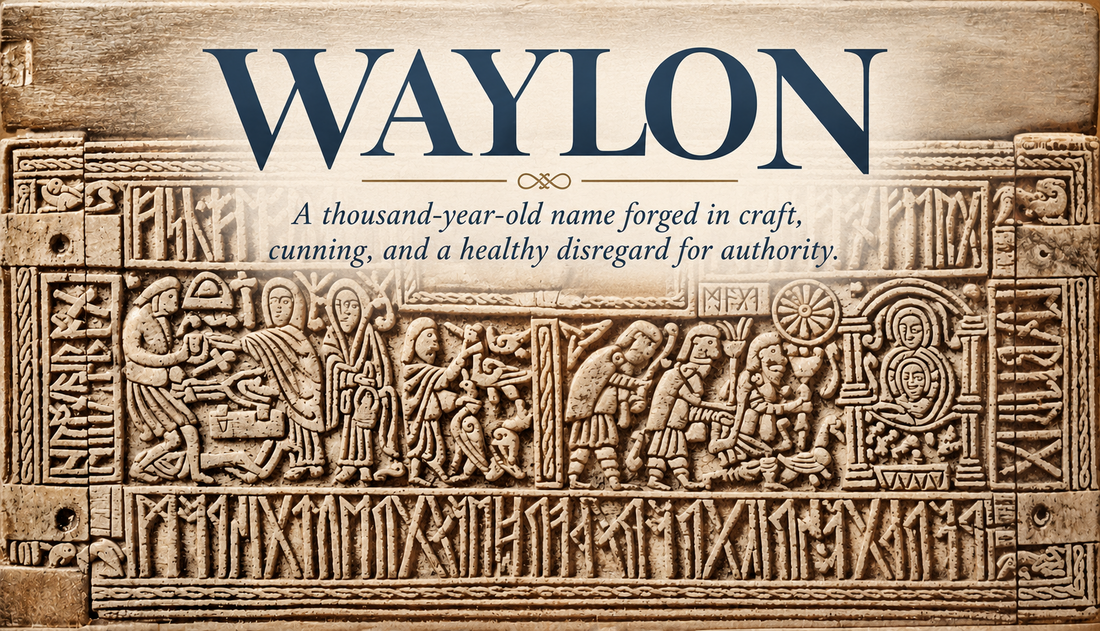 Ancient Anglo-Saxon Franks Casket depicting Wayland the Smith, with text exploring the Germanic origins, meaning, and legendary history of the boy's name Waylon.