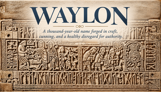 Ancient Anglo-Saxon Franks Casket depicting Wayland the Smith, with text exploring the Germanic origins, meaning, and legendary history of the boy's name Waylon.