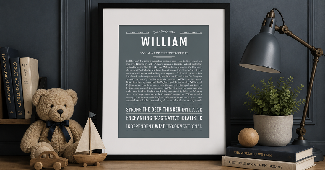 Framed William name meaning art print in a navy boys nursery setting — Name Stories® original name print made to order in the U.S.A.