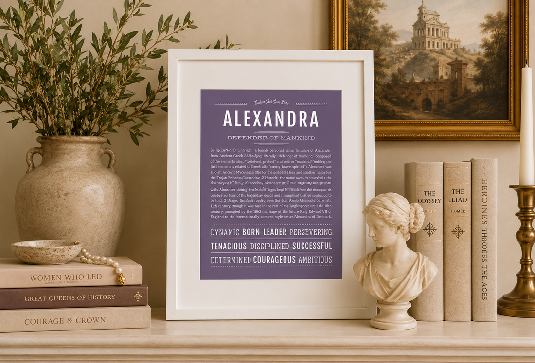 Alexandra Name Stories® personalized name print in a warm, elegant library-inspired setting.