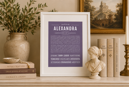 Alexandra Name Stories® personalized name print in a warm, elegant library-inspired setting.