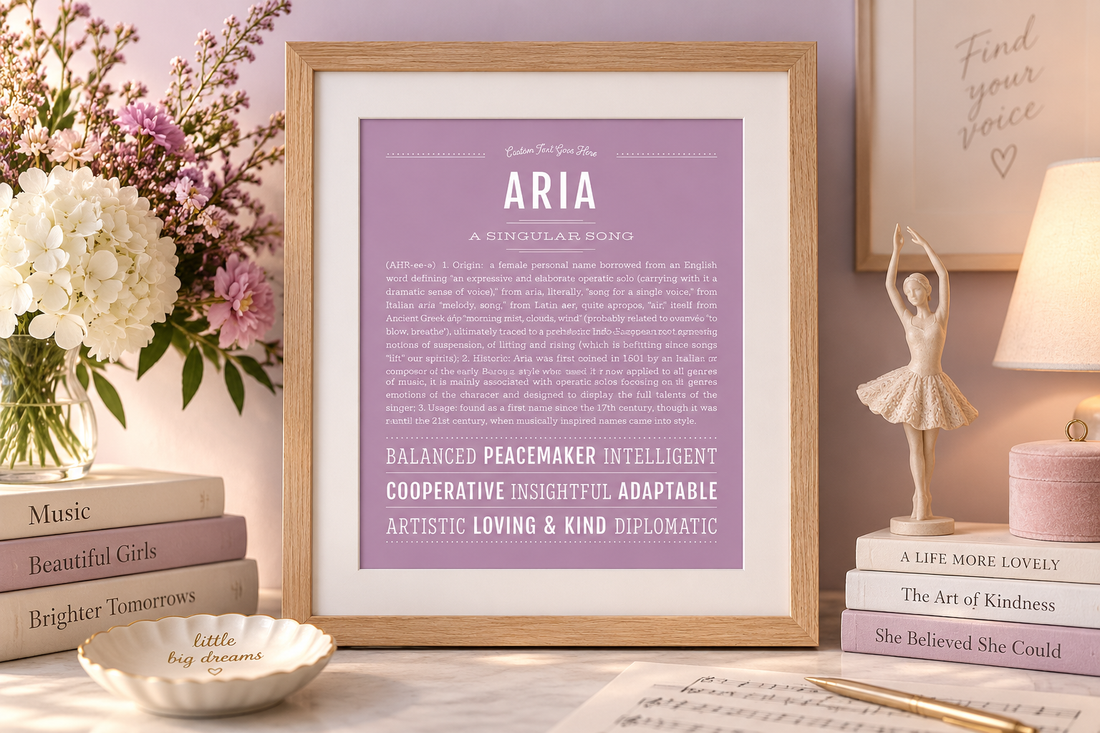 Framed lavender Aria Name Stories® art print featuring the meaning “A Singular Song,” styled in a warm feminine room with flowers, music-inspired details and soft lavender accents.