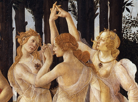 The Three Graces dancing together in Sandro Botticelli's Renaissance painting Primavera (cropped), symbolizing beauty, joy, and harmony.