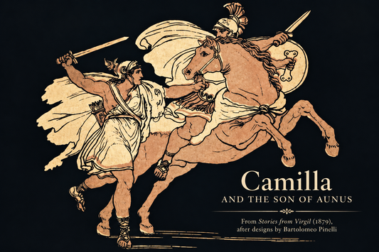 Historical illustration of Camilla, the warrior-princess of the Volsci in Virgil's Aeneid, confronting the mounted son of Aunus.