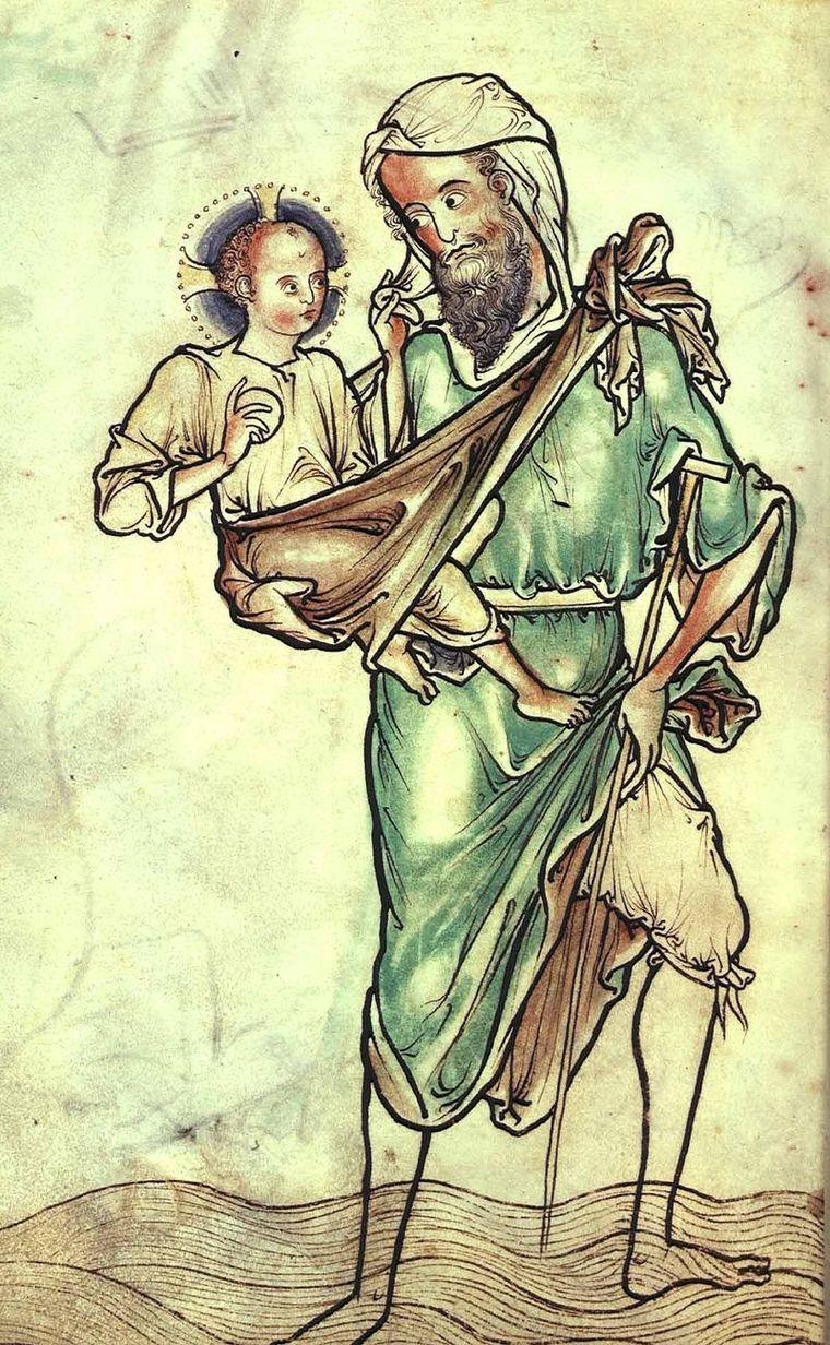 Illustration of Saint Christopher carrying the Christ Child across a river, symbolizing the Greek meaning of Christopher: “bearer of Christ.”