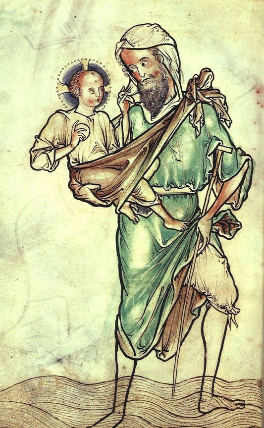 Illustration of Saint Christopher carrying the Christ Child across a river, symbolizing the Greek meaning of Christopher: “bearer of Christ.”