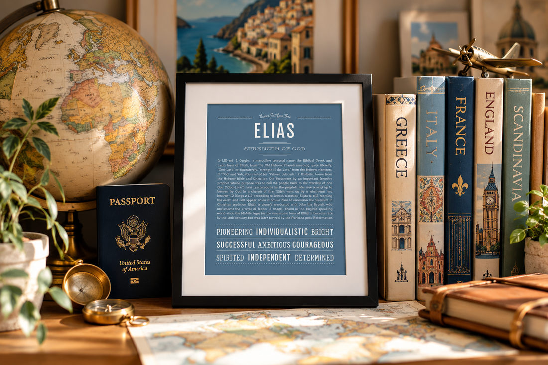 Framed Elias name art print displayed beside a vintage globe, passport, compass, and European travel books, reflecting the name's ancient Hebrew origins and journey through Greek, Latin, and European languages.