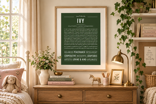 Framed forest green Ivy Name Stories® art print displayed in a warm vintage-inspired girl’s room with trailing ivy, natural wood, books and soft botanical details.
