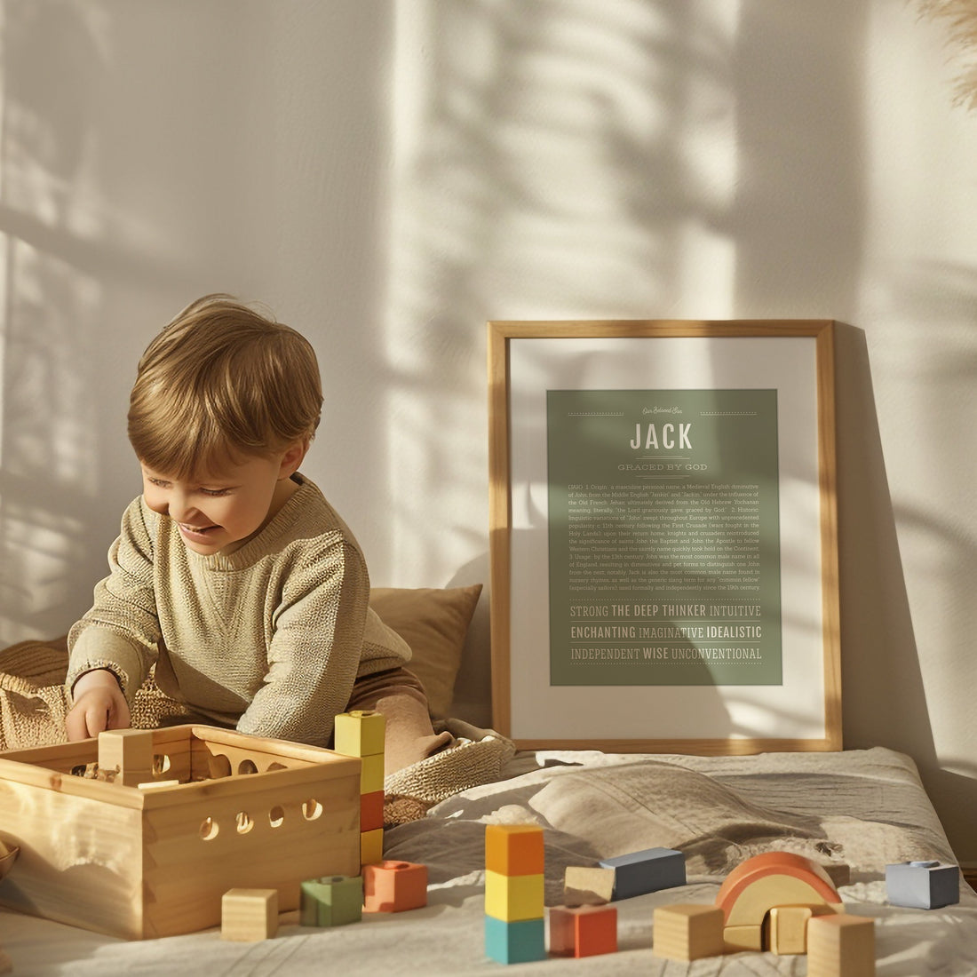 Framed Jack Name Stories® art print styled in a warm sunlit boy’s room with a toddler playing with wooden blocks, soft neutral bedding, and cozy natural decor.