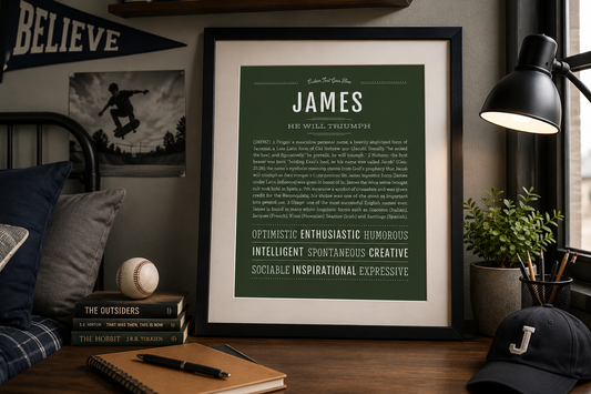 Framed James Name Stories® art print displayed in a stylish teenage boy’s bedroom with dark wood accents, books, sports decor, and modern masculine styling.