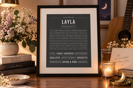 Framed charcoal Layla Name Stories® art print displayed with Lord Byron’s The Giaour, an acoustic guitar, flowers and moonlit details.