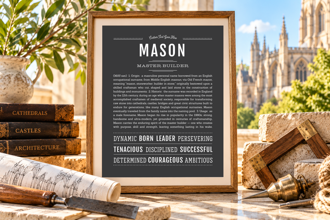 Framed Mason name art with traditional masonry tools and a historic cathedral in the background.