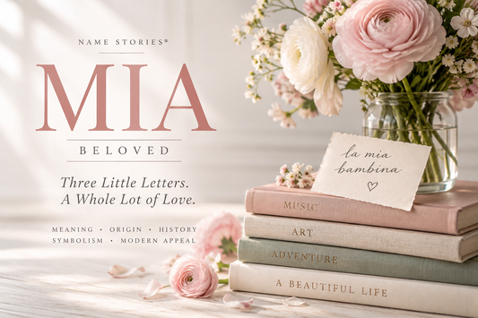 Mia name meaning “Beloved” displayed in a soft blush editorial design with pink flowers, books and the Italian phrase “la mia bambina.”