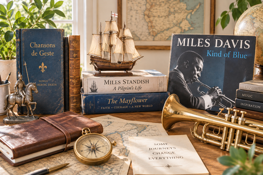Medieval knight, Mayflower and Miles Standish references alongside a trumpet and Miles Davis imagery illustrating the history and meaning of the name Miles.
