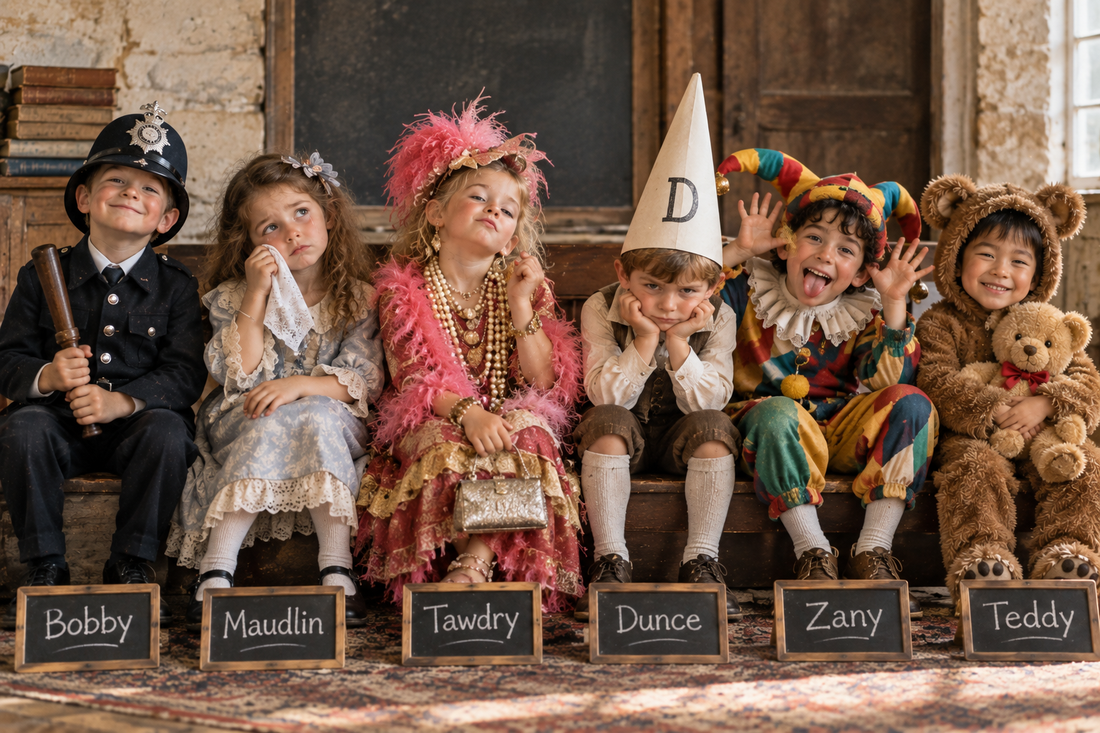 Six children dressed as Bobby, Maudlin, Tawdry, Dunce, Zany and Teddy, illustrating everyday words that originated from names.