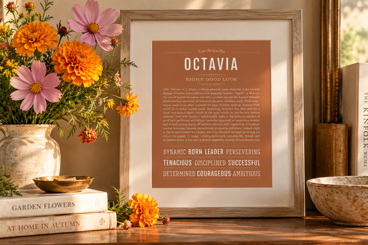 Octavia name art print styled with marigolds and cosmos flowers for an October baby names guide.