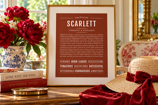 Framed Scarlett name art in a bright, colorful setting with red flowers, vintage books and a ribboned hat.