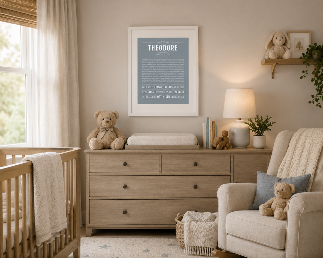 Framed Theodore Name Stories® art print displayed in a soft, neutral baby nursery with warm wood furniture, teddy bears, cozy textures, and timeless decor.