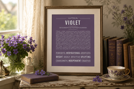 Violet name meaning art print displayed in a vintage-inspired setting with fresh violet flowers, antique books, lace curtains, and soft natural light.