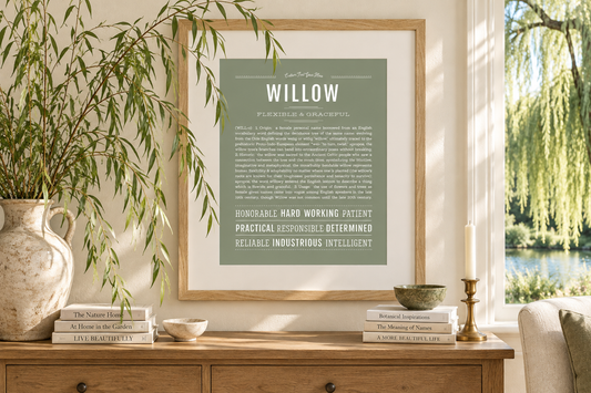Willow Name Stories® art print displayed beside graceful willow branches