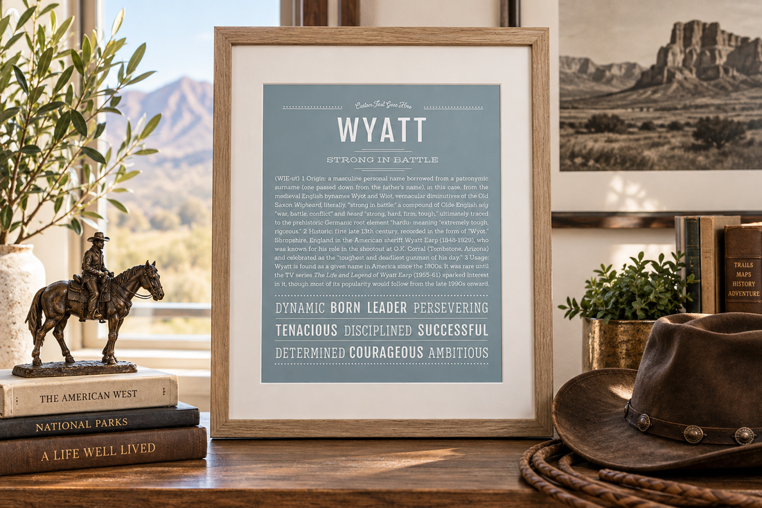 Framed Wyatt name meaning print in a sunlit Western setting with cowboy hat, books and horseback rider.