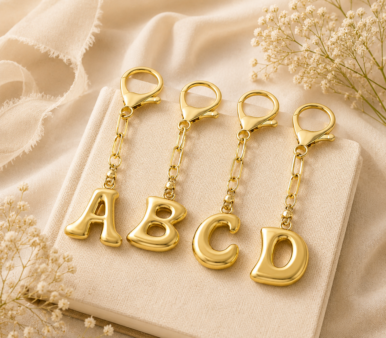 Four gold letter charms spelling ABCD, each attached to a short gold chain and lobster clasp, arranged on a cream fabric surface with dried white flowers around them.