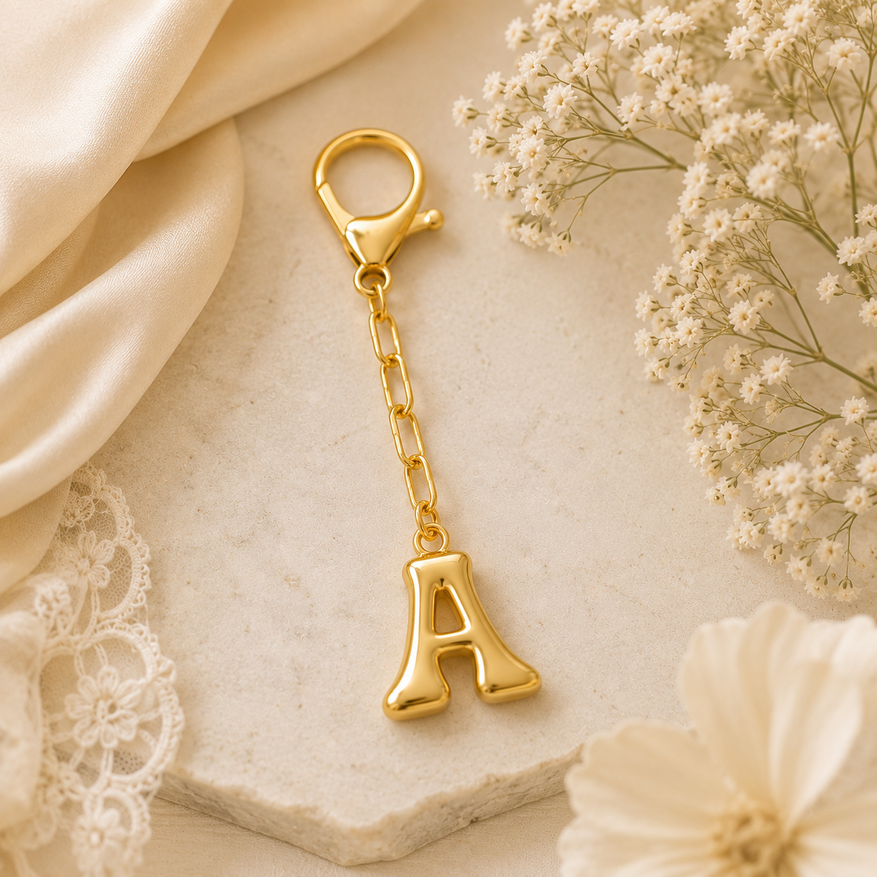 A gold initial keychain charm featuring the letter 'A' in a polished serif font, attached to a short gold chain and lobster clasp. The keychain is styled on a textured stone slab with cream satin fabric, lace, and white baby's breath flowers.