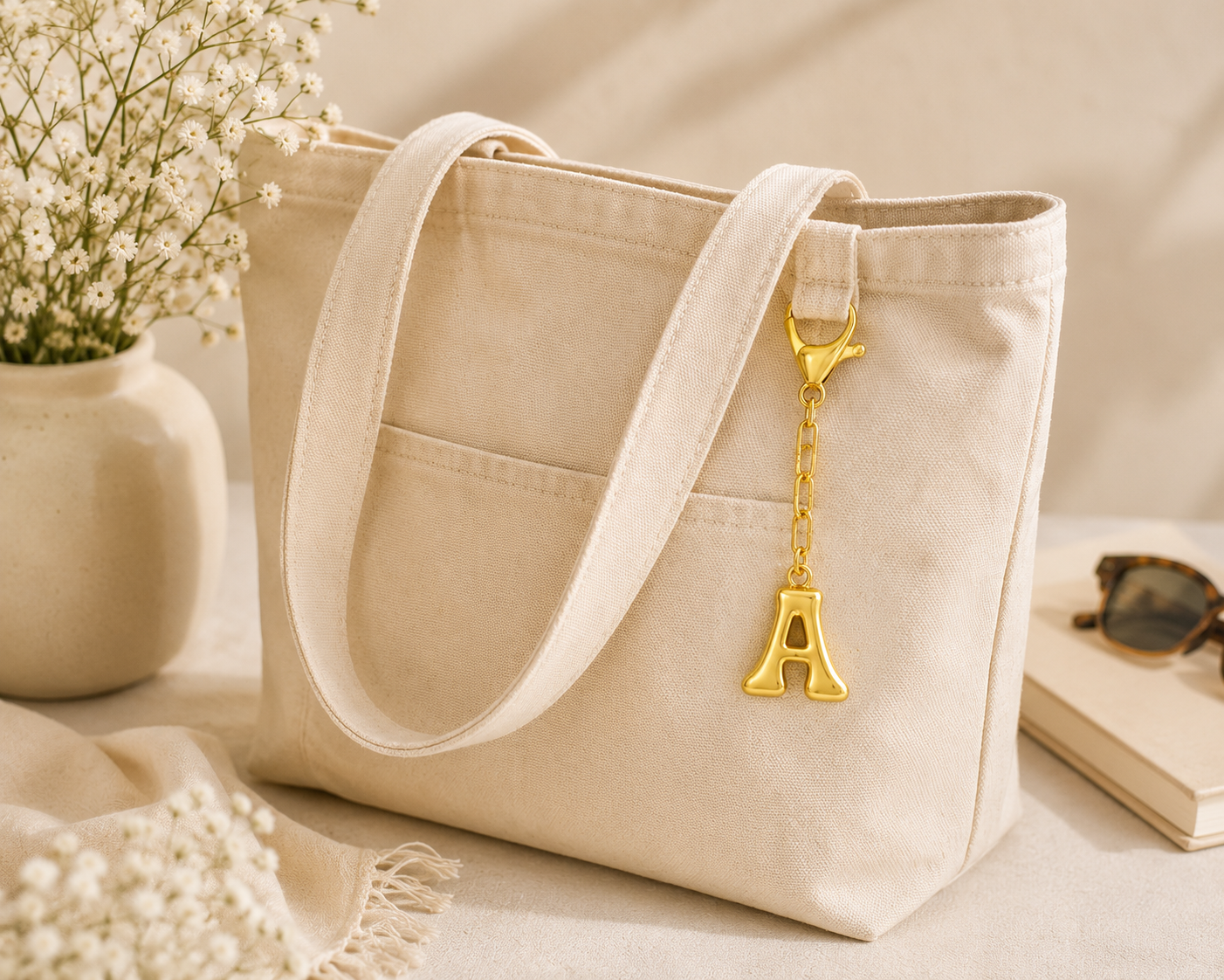 A cream-colored canvas tote bag with a gold initial 'A' charm, styled on a beige surface with a vase of baby's breath, a book with sunglasses, and a soft fabric.