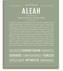 Aleah Personalized Name Meaning Art Prints – Name Stories