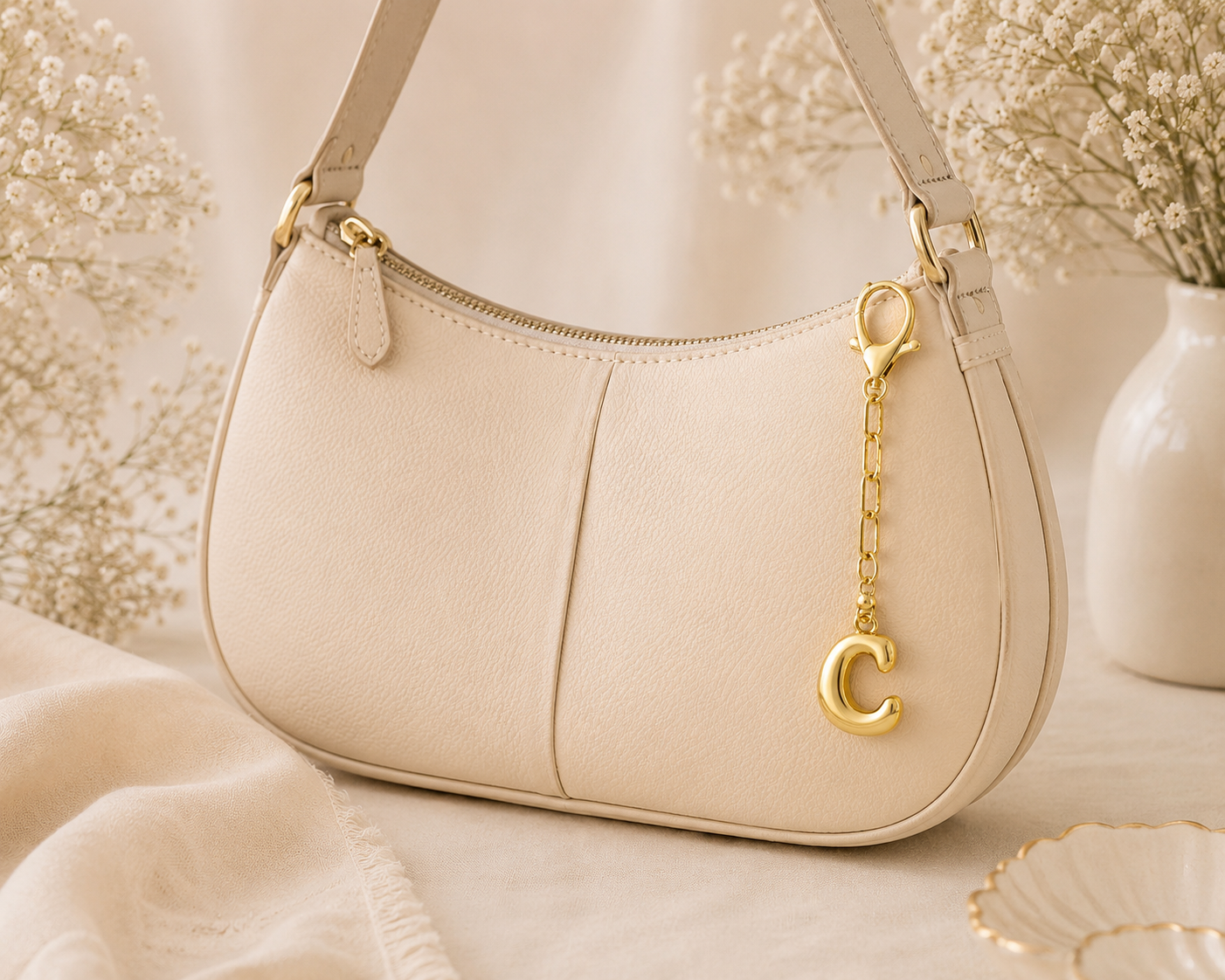 A cream-colored pebbled leather crescent-shaped shoulder bag with gold-tone hardware, featuring a hanging gold 'C' charm, set against a soft beige background with dried flowers.