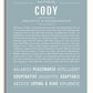 Cody Personalized Name Meaning Art Prints – Name Stories