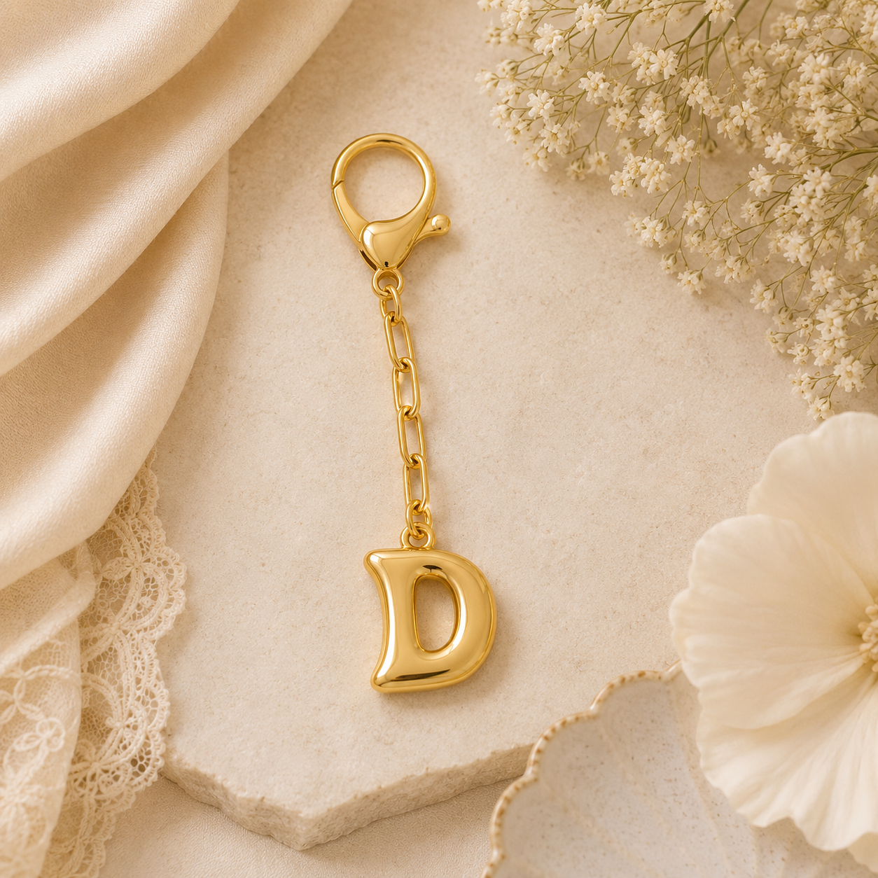 A polished gold initial keychain charm featuring the letter 'D' hanging from a short link chain and lobster clasp, styled on a textured stone with cream satin, lace, and baby's breath flowers.