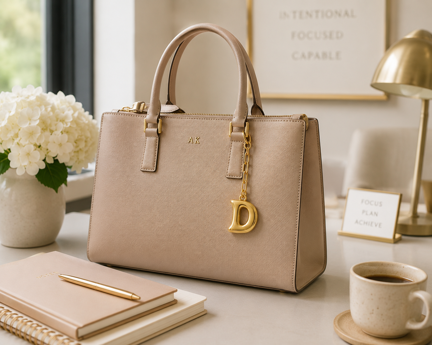 A structured beige handbag with gold-tone hardware and a hanging gold letter D charm, displayed on a desk with a notebook, pen, flowers, and a coffee cup in a bright, styled interior.