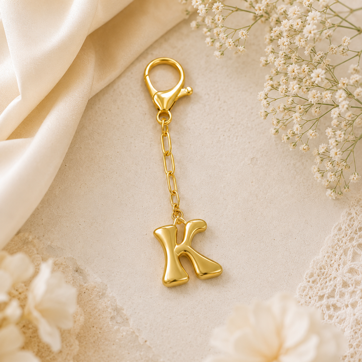 A gold initial keychain charm featuring the letter 'K' in a polished, 3D font, suspended from a delicate gold link chain with a lobster clasp. The keychain is styled on a textured cream surface with soft cream satin fabric, lace, and white baby's breath flowers.