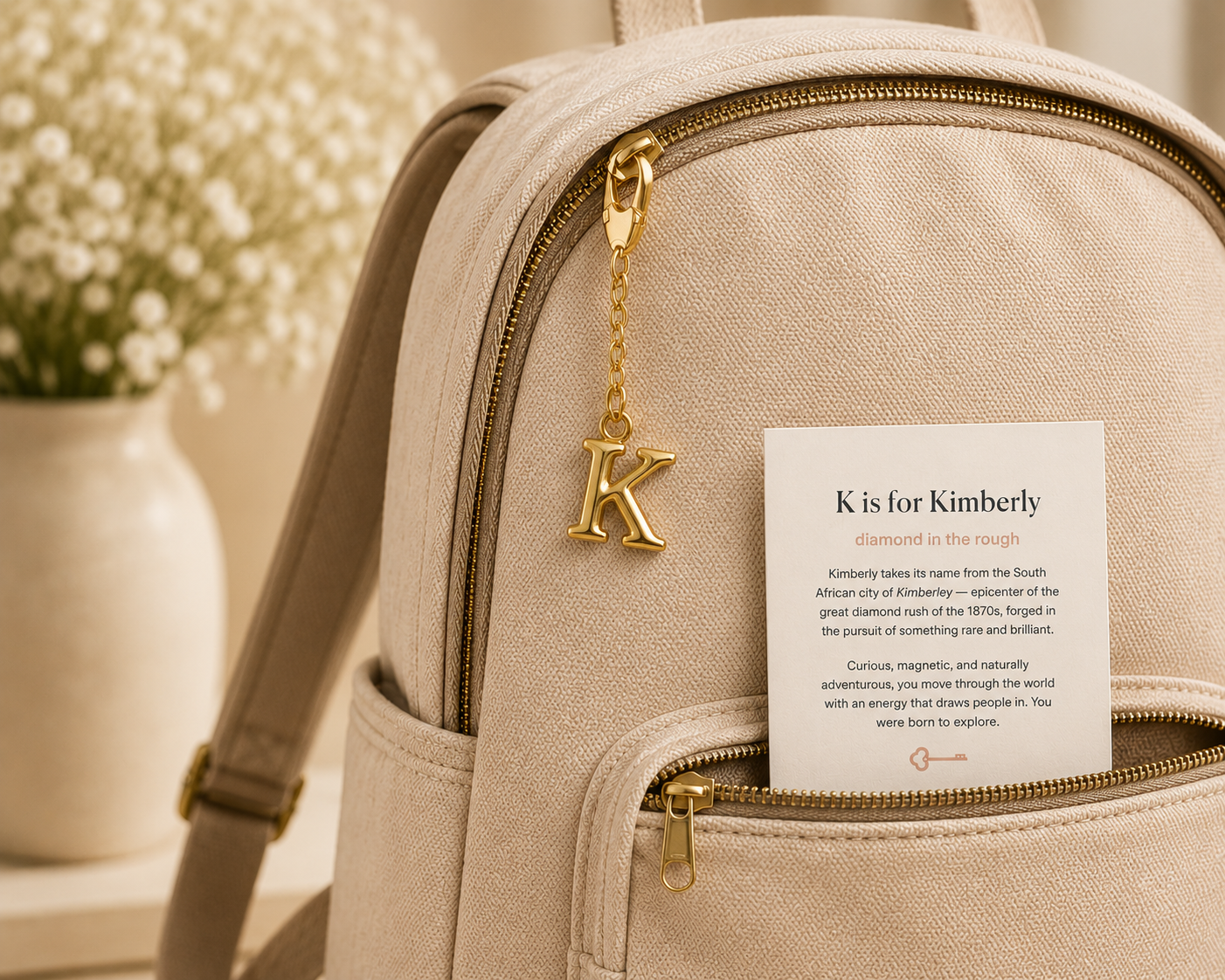 Close-up of a beige canvas backpack with gold-tone hardware, featuring a hanging gold letter K charm and a small white card tucked into the front zip pocket.