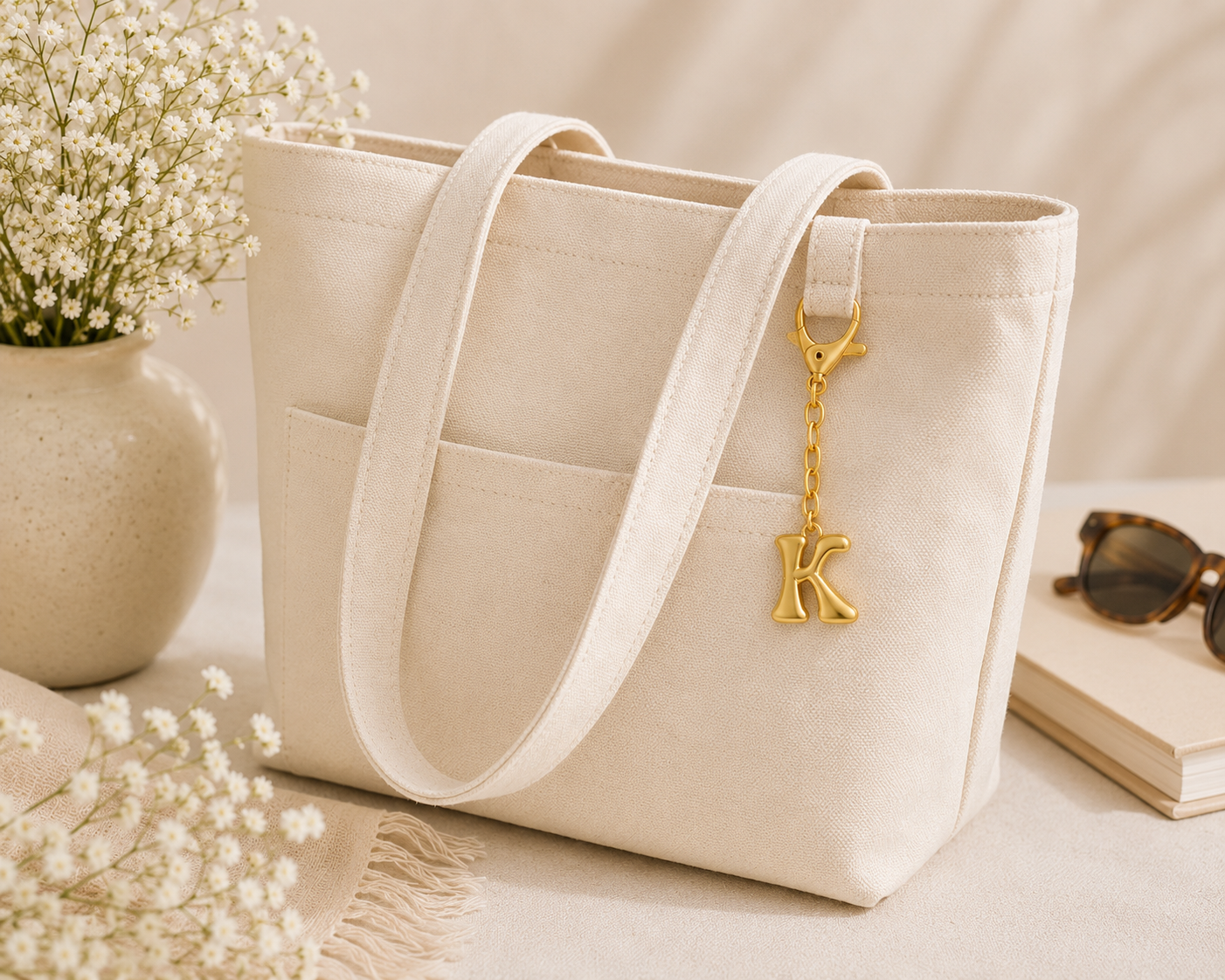 A cream canvas tote bag with dual shoulder straps and a gold hanging initial charm reading 'K', styled on a light beige surface with dried flowers, a vase, a book, and sunglasses nearby.