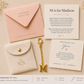 Madison bag charm gift set with a gold-tone M charm, personalized Madison Name Stories® meaning card, blush envelope, cream velvet pouch, and gift insert arranged on a soft beige background with delicate white flowers.
