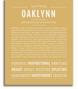 Oaklynn Personalized Name Meaning Art Prints – Name Stories