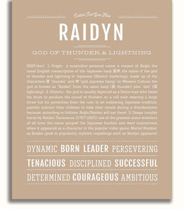 Raidyn Personalized Name Meaning Art Prints – Name Stories