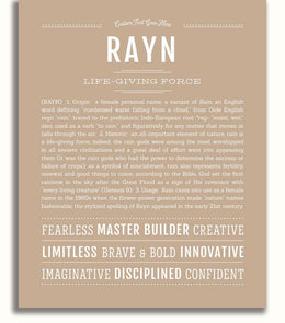 Rayn Personalized Name Meaning Art Prints – Name Stories