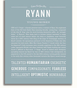 Ryann Personalized Name Meaning Art Prints – Name Stories
