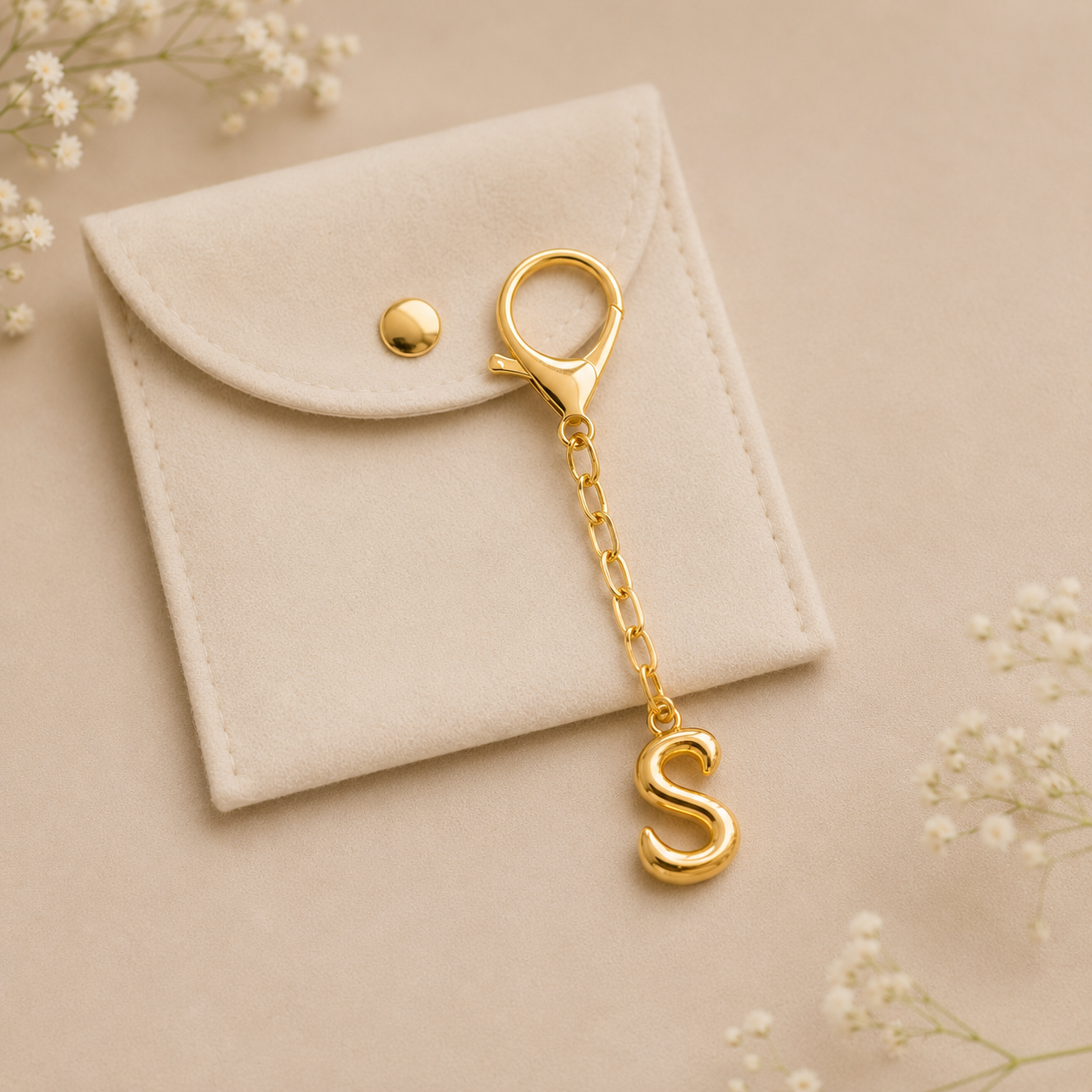 A gold initial keychain with a lobster clasp and a dangling letter 'S' charm, displayed on a cream fabric pouch against a warm beige background with delicate baby's breath flowers.