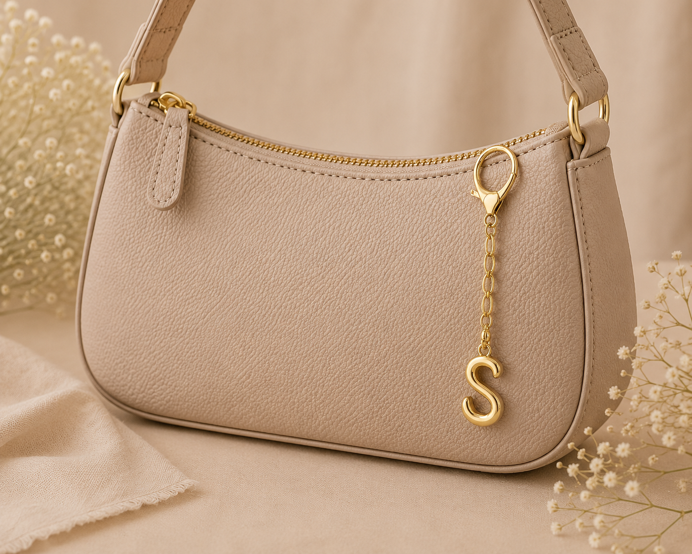 A beige pebbled leather shoulder bag with gold-tone hardware, featuring a gold zipper, a hanging gold keyring charm with an initial 'S', and a matching strap, styled with dried flowers on a neutral beige background.