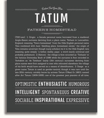 Tatum Personalized Name Meaning Art Prints – Name Stories