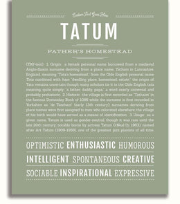 Write Tatum Tatum Personalized Name Meaning Art Prints – Name Stories